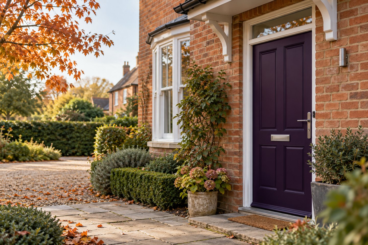 Purple front door on a British home with a visible residential lock
