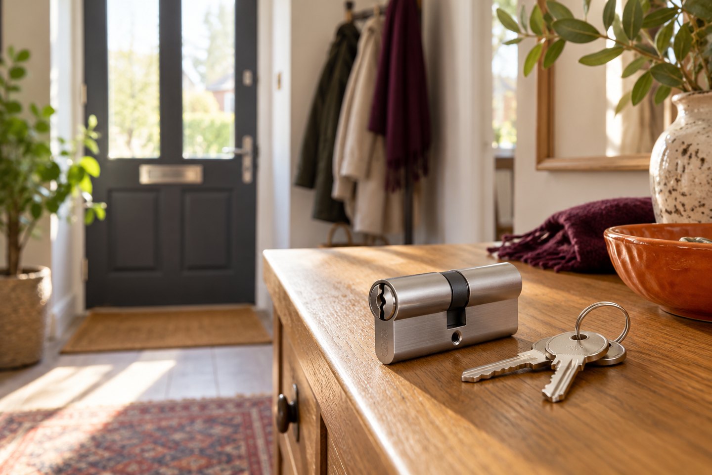 Residential lock cylinder and keys on an entryway table