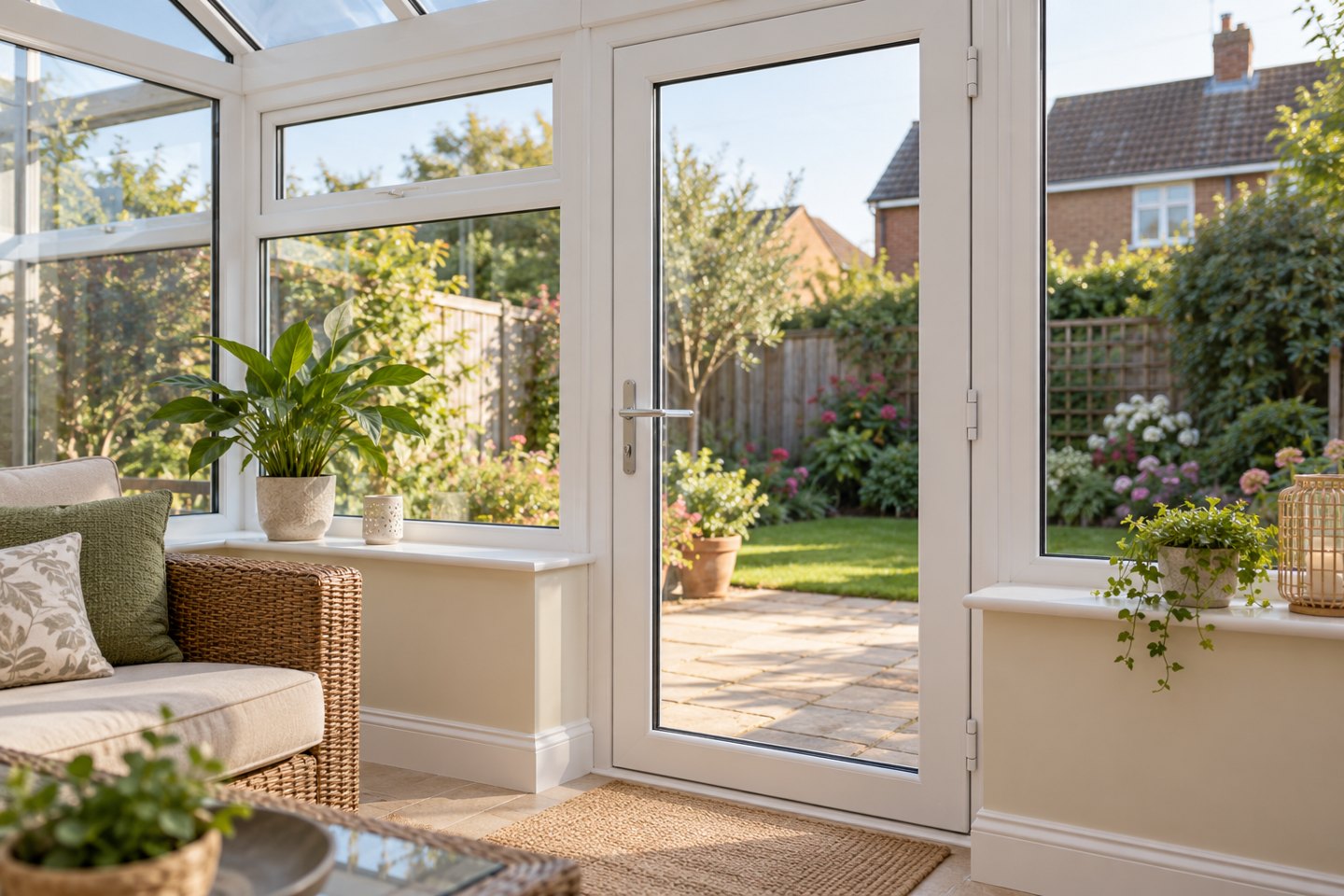 White uPVC door and windows in a domestic conservatory